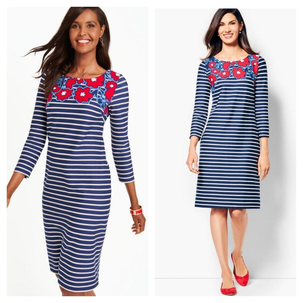 Talbots Flowers & Striped 3/4 sleeve Sheath Dress Size Medium Petite MP